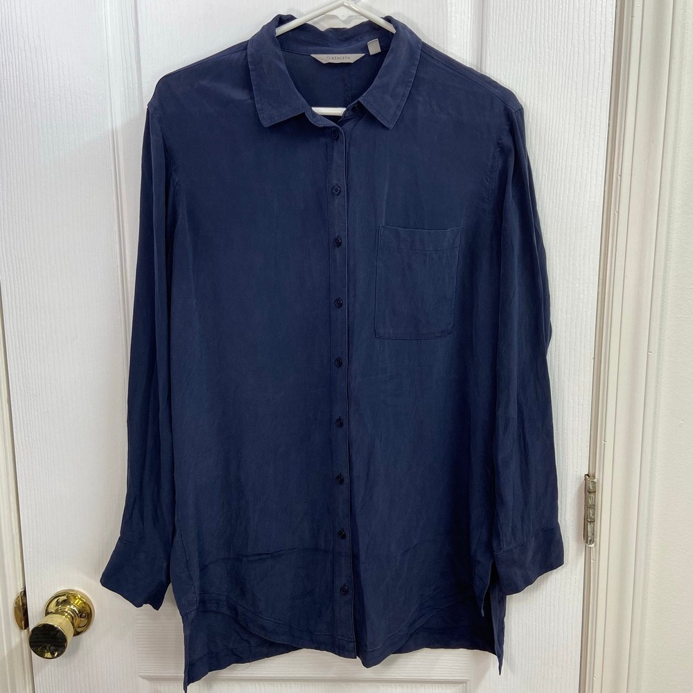 Athleta navy blue 100% silk oversized tunic long sleeve‎ button down shirt small